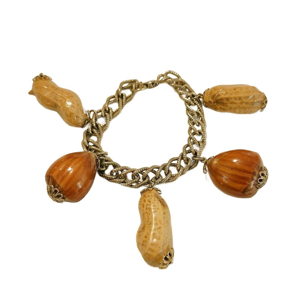 Vintage Gold Tone Peanut Hazelnut Charm Bracelet, 7" L, 1970s